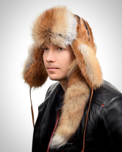 Genuine Men's Red Fox Fur Hat IV Fur Ushanka with Tail