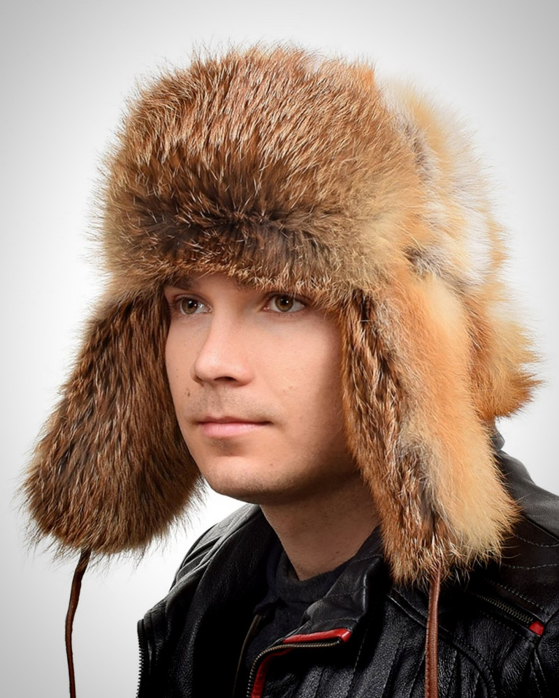 Genuine Men's Red Fox Fur Hat V Fur Ushanka Hat