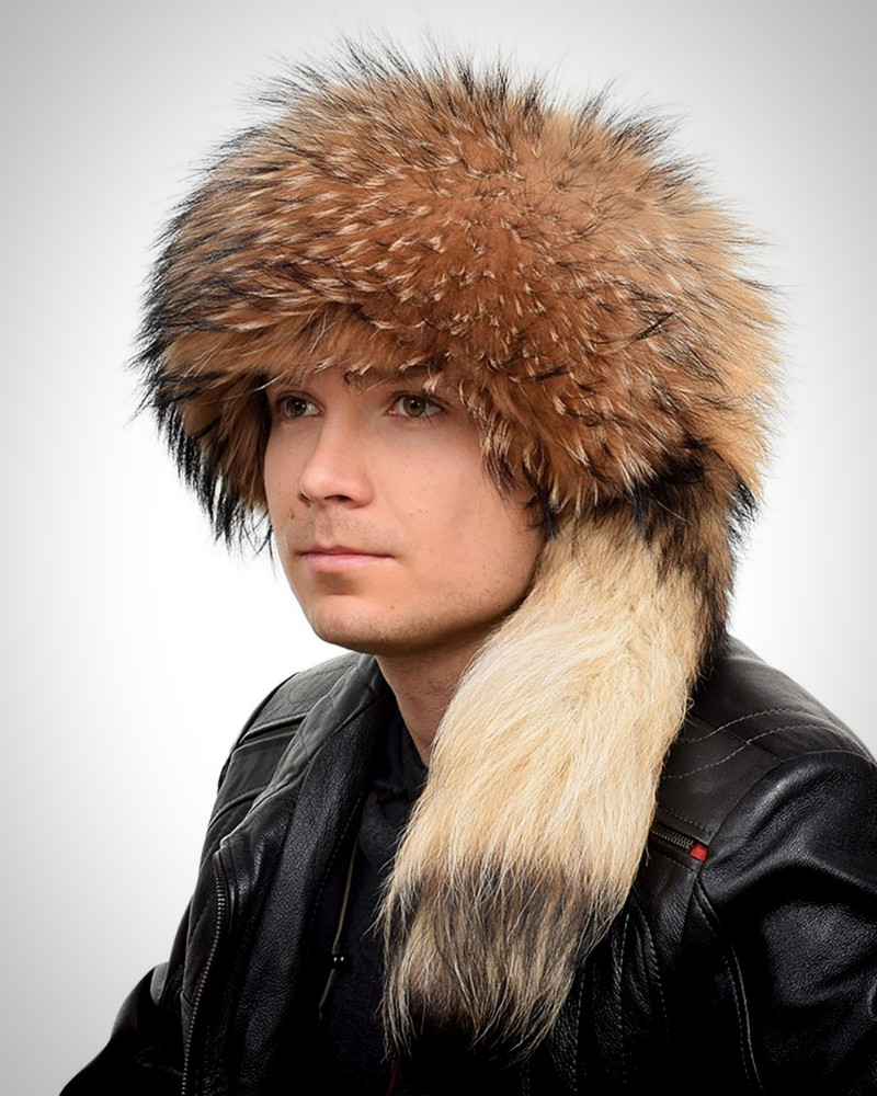 Genuine Men's Raccoon Fur Trapper Hat with Tail