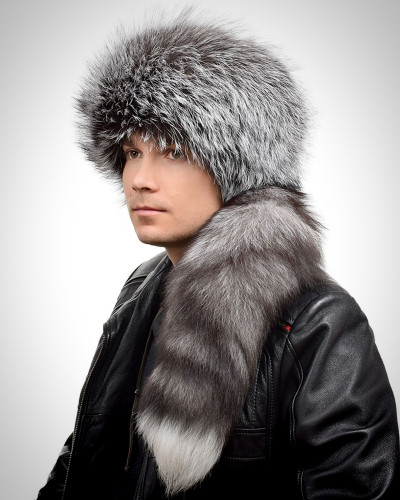Genuine Men's Silver Fox Fur Trapper Hat with Tail