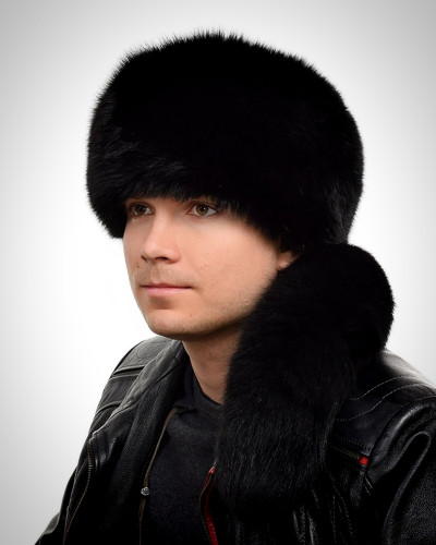 Genuine Men's Black Fox Fur Trapper Hat with Tail