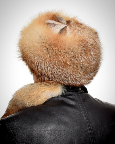 Genuine Men's Red Fox Fur Trapper Hat with Tail