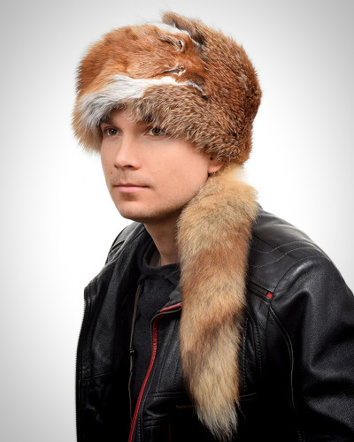 Men's Red Fox Fur Trapper Hat with Tail and Head