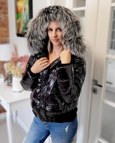 Short Black Winter Jacket with Silver Fox Hood Trim