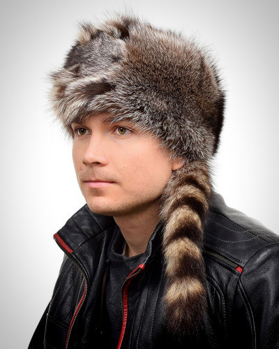 Men's Raccoon Fur Trapper Hat with Tail and Head
