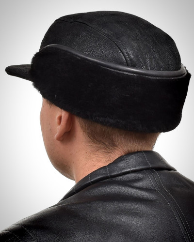 Genuine Men's Black Sheepskin Cap I Bomber Cap