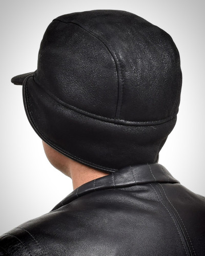 Genuine Men's Black Sheepskin Cap I Bomber Cap