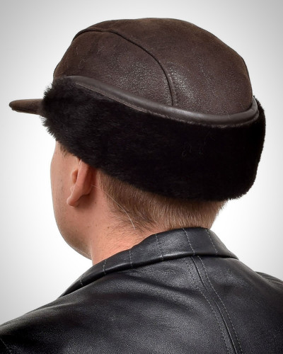 Genuine Men's Dark Brown Sheepskin Cap Bomber Cap
