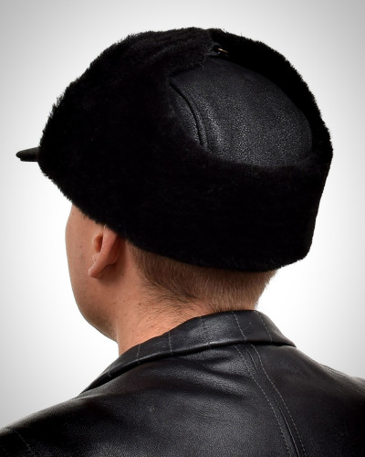 Men's Black Aviator Sheepskin Hat With Peak I