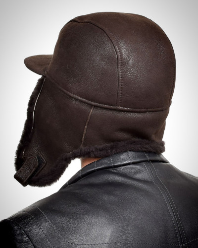 Men's Dark Brown Aviator Sheepskin Hat With Peak