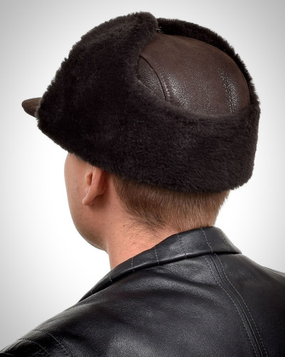 Men's Dark Brown Aviator Sheepskin Hat With Peak