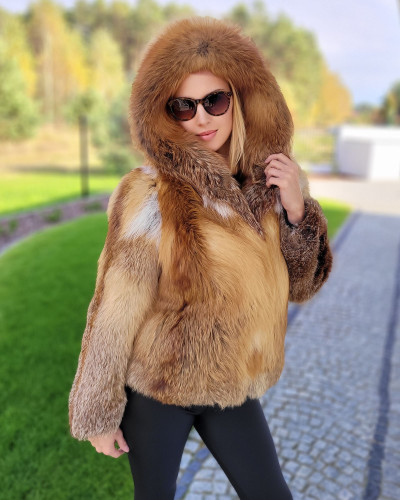 Genuine Women's Red Fox Fur hooded Jacket Coat