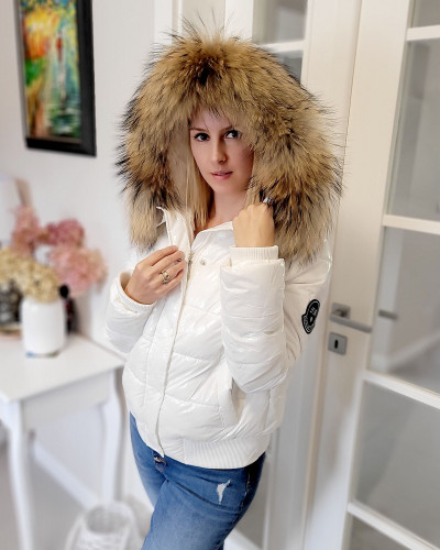 Short White Winter Jacket with Raccoon Fur Hood Trim