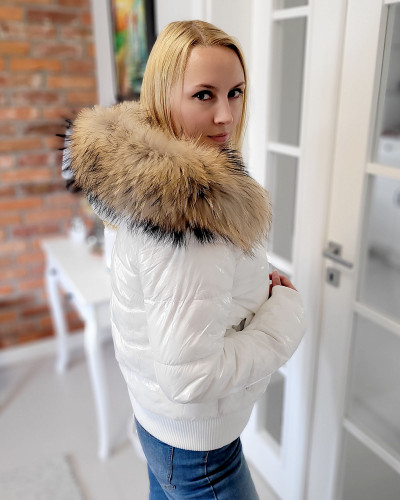 Short White Winter Jacket with Raccoon Fur Hood Trim