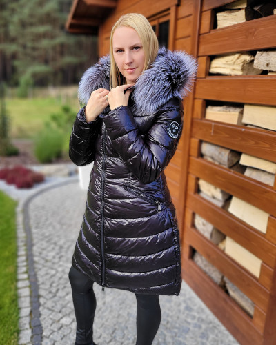 Women's Black Quilted Coat with Silver Fox Fur Hood Trim