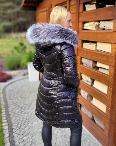 Women's Black Quilted Coat with Silver Fox Fur Hood Trim