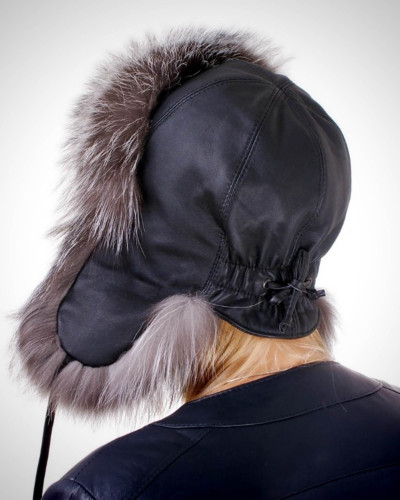 Silver Fox Fur Ushanka Hat with Leather Top