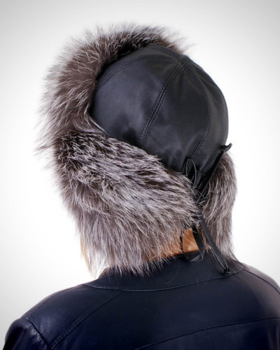 Silver Fox Fur Ushanka Hat with Leather Top