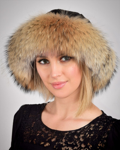 Women's bucket hat made from raccoon fur and lamb leather
