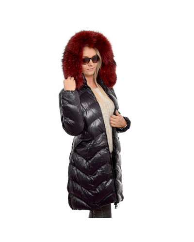 Women's Black Quilted Coat with Raccoon Fur Hood Trim