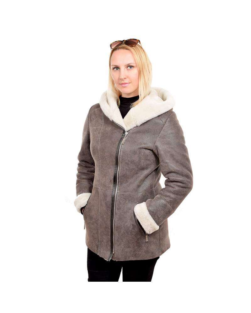 Shearling sheepskin coat with hood (KNS009)