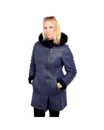 Navy blue shearling sheepskin coat with hood