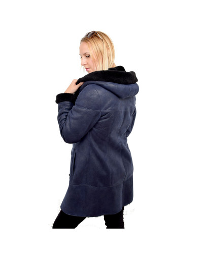 Navy blue shearling sheepskin coat with hood