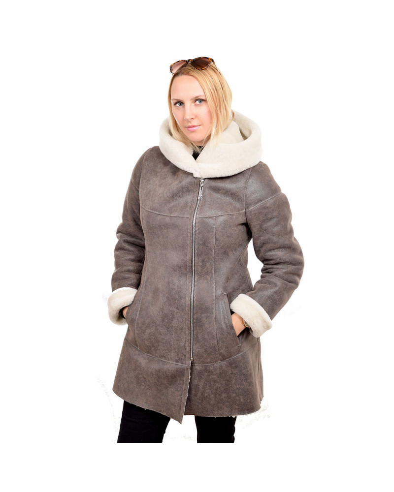 Shearling sheepskin coat with hood (KNS011)