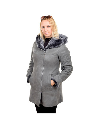 Grey shearling sheepskin coat with hood (KNS012)