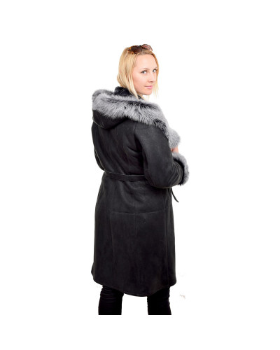 Black shearling sheepskin coat with hood (KNS014)
