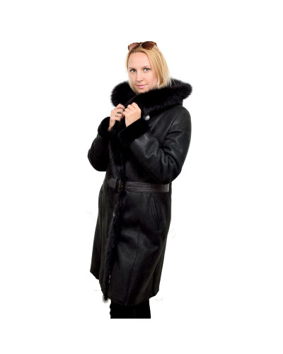 Black shearling sheepskin coat with black fox fur