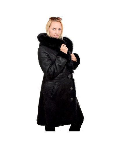 Black shearling sheepskin coat with black fox fur