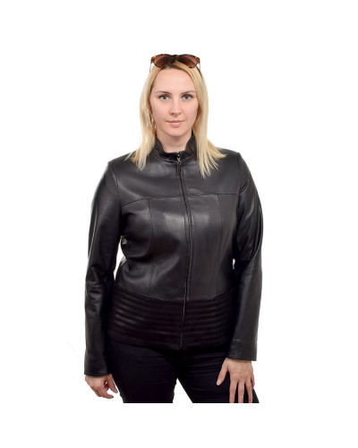 Women's black leather jacket with a stand-up collar