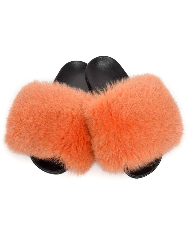 Women's Fur Slides, Sandals with Orange Fox Fur