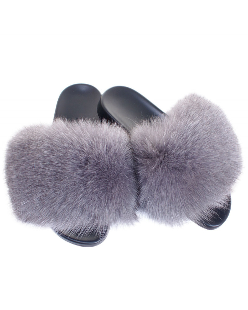 Women's Ashen Fur Slides, Sandals with Grey Fox Fur