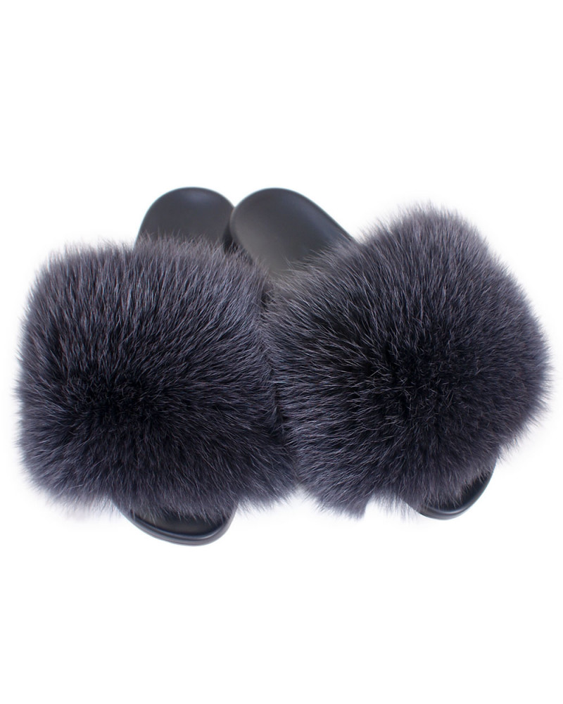 Women's Fur Slides, Sandals with Graphite Fox Fur
