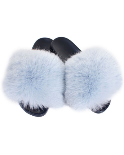 Women's Fur Slides, Sandals with Light Blue Fox Fur