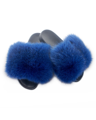 Women's Fur Slides, Sandals with Blue Fox Fur