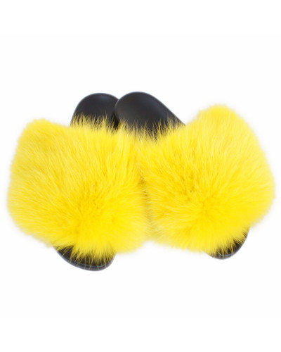 Women's Fur Slides, Sandals with Yellow Fox Fur