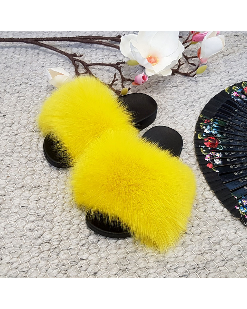Women's Fur Slides, Sandals with Yellow Fox Fur
