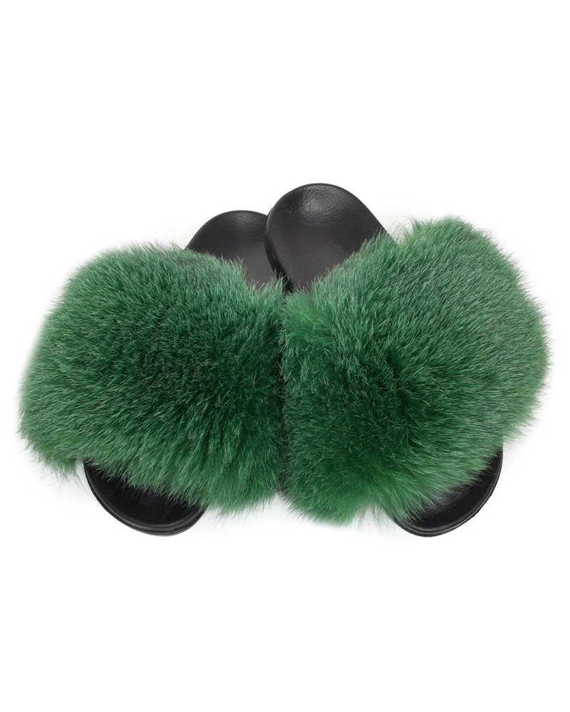 Women's Fur Slides, Sandals with Green Fox Fur II