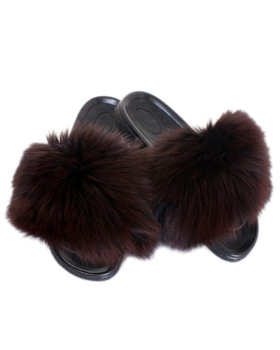 Women's Fur Slides, Sandals with Brown Fox Fur