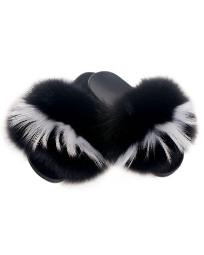 Women's Fur Slides, Sandals with Black & White Fur