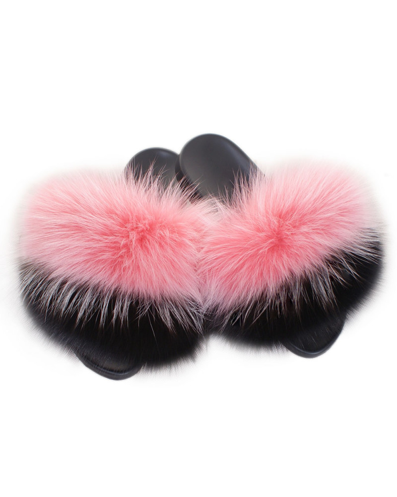 Fur Slides, Sandals with Pink, Silver & Black Fox Fur
