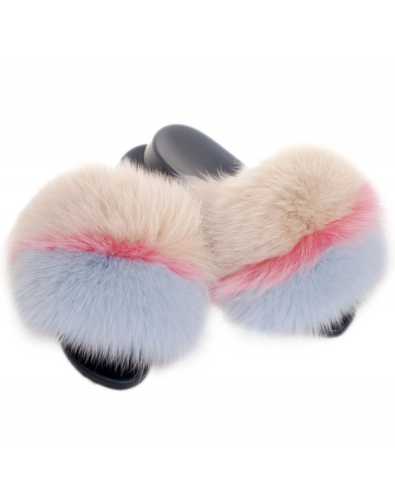 Slides with Beige, Pink & Light Blue Fox Fur