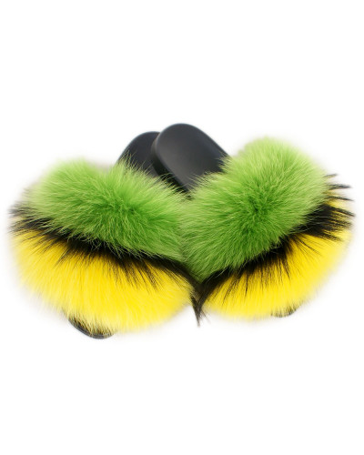 Women's Fur Slides, Sandals with Green, Black & Yellow Fur