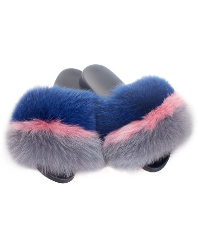 Fur Slides, Sandals with Blue, Pink & Grey Fox Fur