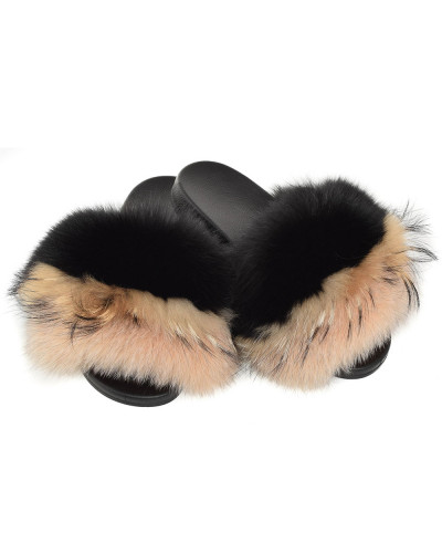 Women's Fur Slides, Sandals with Black & Beige Fur