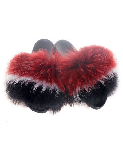 Red, White & Black Fur Slides, Sandals with Raccoon Fur