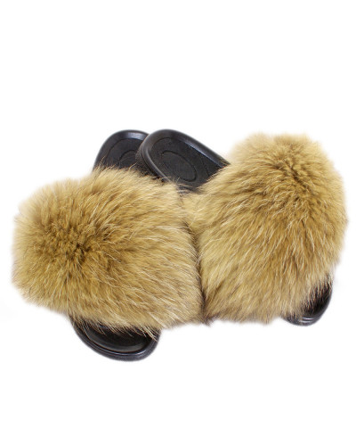 Stylish Yellow Fur Slides, Sandals with Raccoon Fur